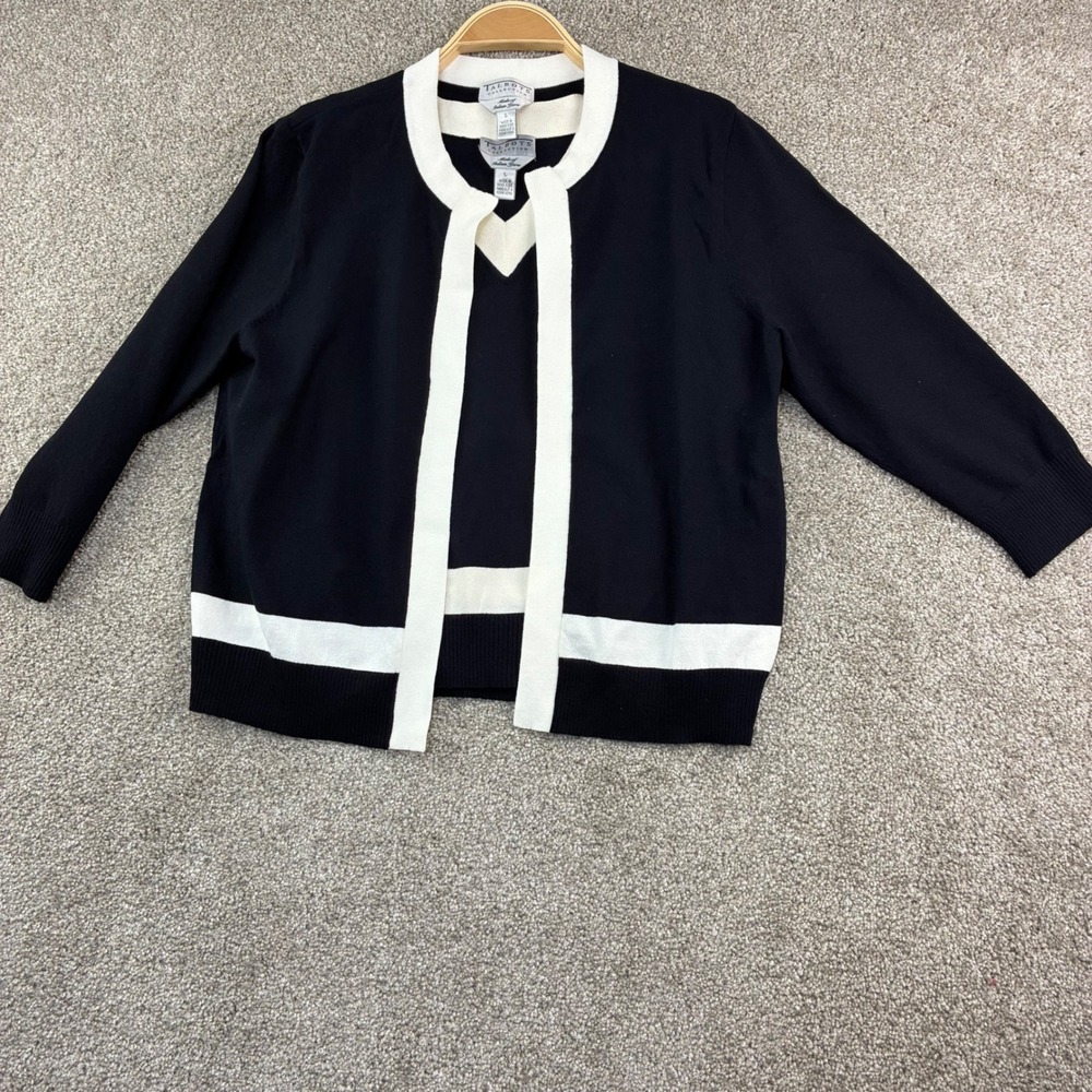 VTG Talbots Cardigan Sweater Set Size L Navy White Italian Yarn Preppy Old Money - Picture 2 of 9
